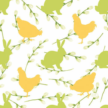20x stuks paasdecoratie paaskonijnen en hanen servetten 33 x 33 cm geel / groen print - Feestservetten