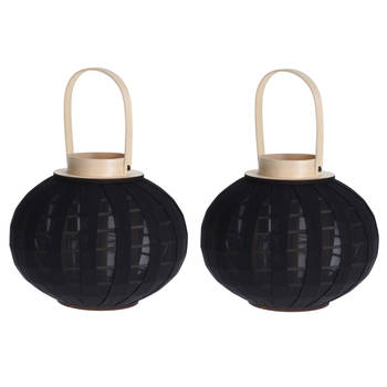 Set van 2x stuks houten theelichthouder / lantaarn met stof zwart 21 cm - Lantaarns