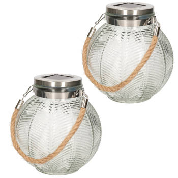 2x stuks transparante solar lantaarn van gestreept glas rond 16 cm - Lantaarns