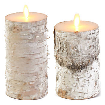Set van 2x stuks Wit berkenhout Led kaarsen met bewegende vlam - LED kaarsen