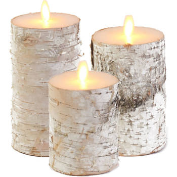 Set van 3x stuks Wit berkenhout Led kaarsen met bewegende vlam - LED kaarsen