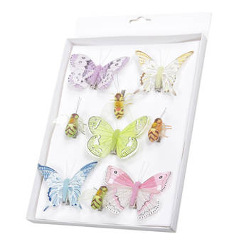 9x stuks decoratie vlinders/bijen op clip gekleurd 5 tot 8 cm - Hobbydecoratieobject