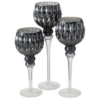 Luxe glazen design kaarsenhouders/windlichten set van 3x stuks antraciet/zilver transparant 30-40 cm - Waxinelichtjeshou