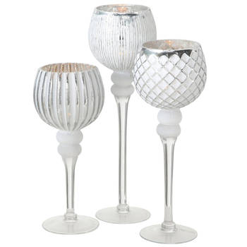 Luxe glazen design kaarsenhouders/windlichten set van 3x stuks zilver/wit transparant 30-40 cm - Waxinelichtjeshouders
