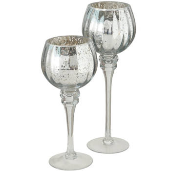 Luxe glazen design kaarsenhouders/windlichten set van 2x stuks metallic zilver 25-30 cm - Waxinelichtjeshouders
