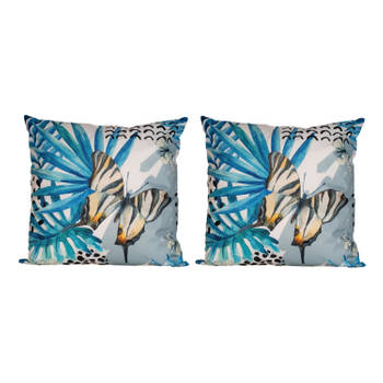 2x Bank/sier kussens met blauwe palm plant/bladeren print voor binnen en buiten 45 x 45 cm - Sierkussens