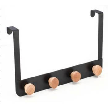 Items Deurkapstok - 4-haaks - zwart - houten haken - 35 cm - Kapstokken