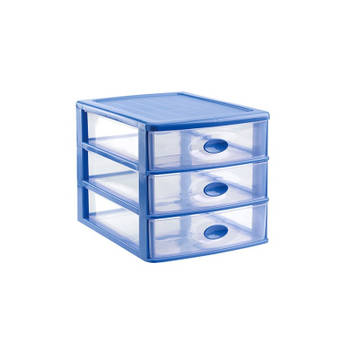 Ladeblok/bureau organizer met 3x lades blauw/transparant L35,5 x B27 x H27 cm - Ladeblok