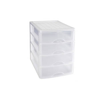 Plasticforte Ladeblok/bureau organizer met 4x lades - wit/transparant - L35,5 x B27 x H35 cm - Ladeblok