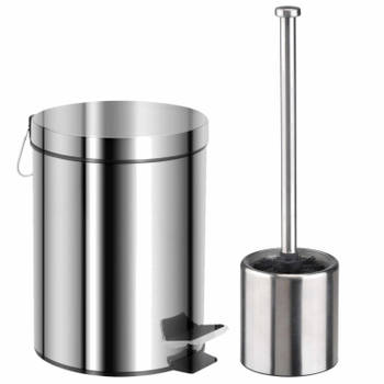 Badkamer/toilet set pedaalemmer 5 liter en toiletborstel RVS - Badkameraccessoireset