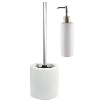 Toilet accessoires set toiletborstel en zeeppompje wit keramiek - Badkameraccessoireset