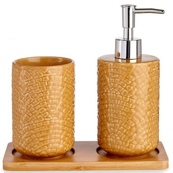 Badkamer accessoires set 3-delig camel bruin relief van keramiek - Badkameraccessoireset