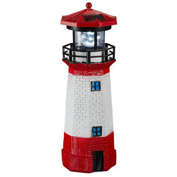 Rode/witte vuurtoren beeldje met solar licht 28 cm maritieme decoratie - Beeldjes