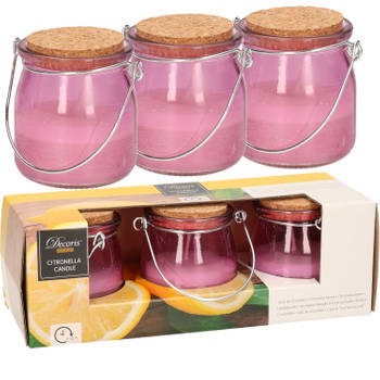 Set van 6x stuks anti muggen Citronella kaars in paars glazen potje - geurkaarsen