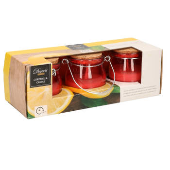 Citronella kaars - 3x - in rood glazen potje - 8 branduren - citrusgeur - geurkaarsen