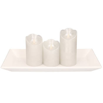 Houten kaarsenonderbord/plateau wit rechthoekig met LED kaarsen set 3 stuks zilver - Kaarsenplateaus