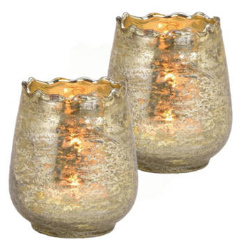 Set van 2x stuks glazen design windlicht/kaarsenhouder champagne goud 8 x 9 x 8 cm - Waxinelichtjeshouders