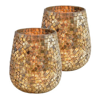 Set van 2x stuks glazen design windlicht/kaarsenhouder mozaiek champagne goud 15 x 13 cm - Waxinelichtjeshouders