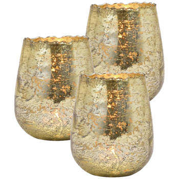 Set van 3x stuks glazen design windlicht/kaarsenhouder champagne goud 12 x 15 x 12 cm - Waxinelichtjeshouders