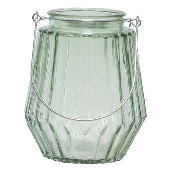 Theelichthouders/waxinelichthouders streepjes glas mistgroen met metalen handvat 11 x 13 cm - Waxinelichtjeshouders
