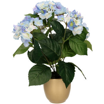 Hortensia kunstplant/kunstbloemen 40 cm - blauw - in pot mat goud - Kunstplanten