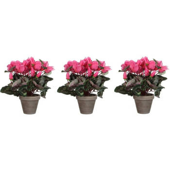 Voordeelset van 3x stuks roze cyclamen kunstplanten 30 cm met bloemen en grijze pot - Kunstplanten