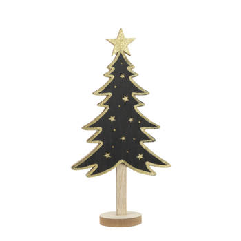 Kerstdecoratie houten decoratie kerstboom zwart met gouden sterren B18 x H36 cm - Houten kerstbomen