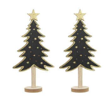 2x stuks kerstdecoratie houten decoratie kerstboom zwart met gouden sterren B18 x H36 cm - Kunstkerstboom