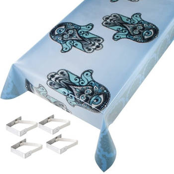 Lichtblauwe tafelkleden/tafelzeilen Hamsa hand print 140 x 245 cm rechthoekig met 4x tafelkleedklemmen - Tafelzeilen