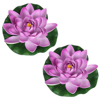 2x Lila paarse waterlelie kunstbloemen vijverdecoratie 18 cm - Kunstbloemen
