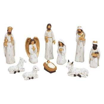Set van 10x stuks kerststal beelden/kerstbeelden wit met goud 5-21 cm - Kerststallen