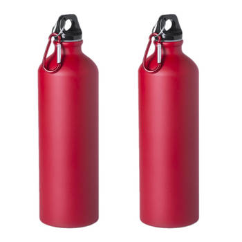 2x Stuks aluminium waterfles/drinkfles rood met schroefdop en karabijnhaak 800 ml - Drinkflessen