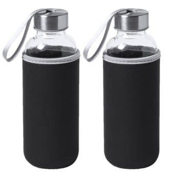 2x Stuks glazen waterfles/drinkfles met zwarte softshell bescherm hoes 420 ml - Drinkflessen
