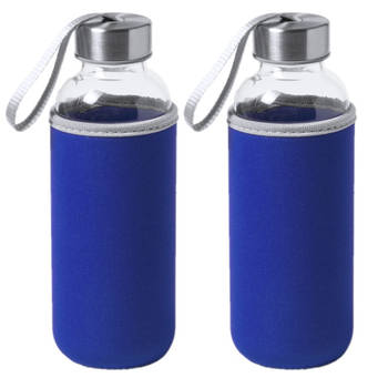2x Stuks glazen waterfles/drinkfles met blauwe softshell bescherm hoes 420 ml - Drinkflessen