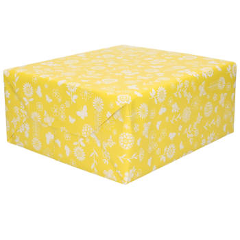 3x Rollen Inpakpapier/cadeaupapier geel met witte bloemen en vlinders 200 x 70 cm - Cadeaupapier