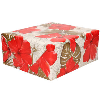 3x Rollen Inpakpapier/cadeaupapier creme met bloemen rood en goud 200 x 70 cm - Cadeaupapier