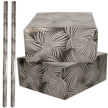 3x Rollen folie inpakpapier/cadeaupapier metallic zwart/zilver met bladeren 70 x 200 cm - Cadeaupapier