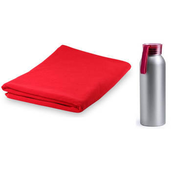 Yoga wellness microvezel handdoek en waterfles rood - Sporthanddoeken