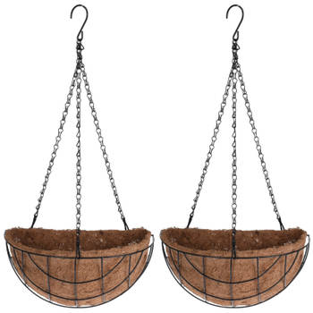 2x stuks metalen hanging baskets / plantenbakken halfrond zwart met ketting 26 cm - hangende bloemen - Plantenbakken