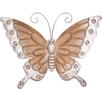 Pro Garden tuin/wand decoratie vlinder - lichtbruin - metaal - 29 x 24 cm - Tuinbeelden