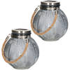 2x stuks grijze solar lantaarn van gestreept glas rond 16 cm - Lantaarns