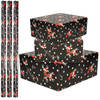 3x Rollen inpakpapier/cadeaupapier Kerst print zwart / rendier fun 250 x 70 cm luxe kwaliteit - Cadeaupapier