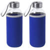 2x Stuks glazen waterfles/drinkfles met blauwe softshell bescherm hoes 420 ml - Drinkflessen