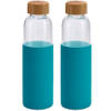 2x Stuks glazen waterfles/drinkfles met turquoise blauwe siliconen bescherm hoes 600 ml - Drinkflessen