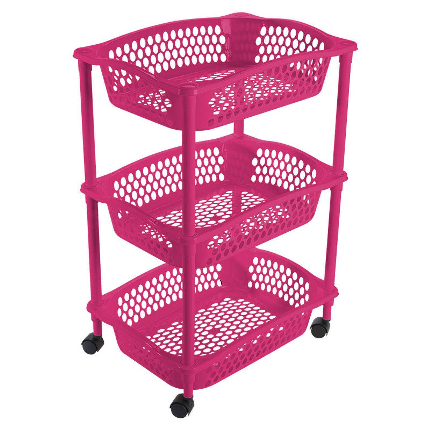 Keuken opberg trolleys/roltafels met 3 manden 62 cm fuchsia roze - Opberg trolley