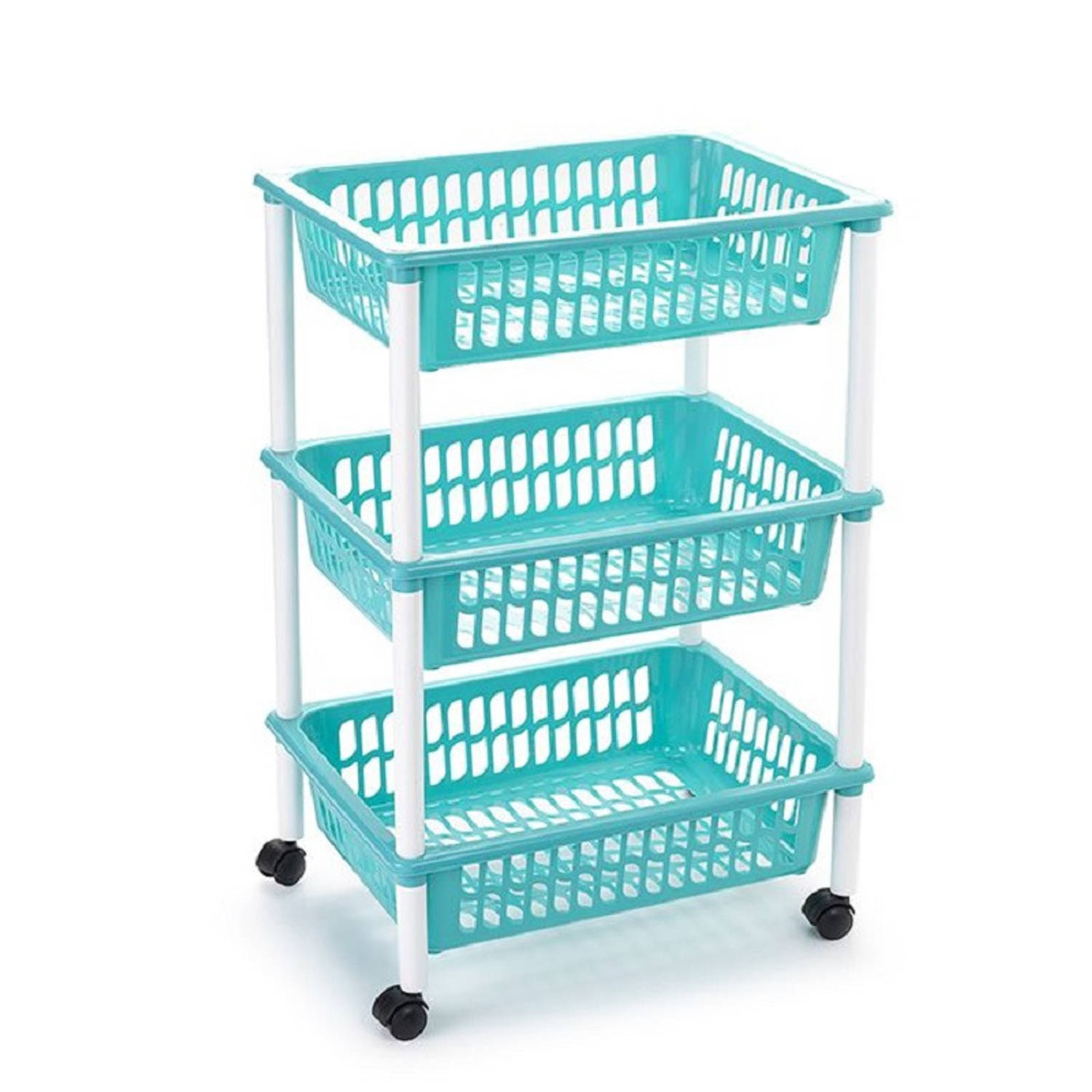 Opberg organiser trolleys/roltafels met 3 manden 62 cm in het turquoise blauw - Opberg trolley