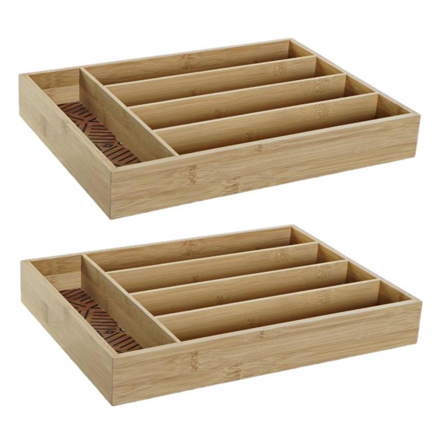 2x stuks bamboe houten bestekbakken/lades met patroontje in de vakjes 35.5 x 25.5 x 5 cm - Bestekbakken