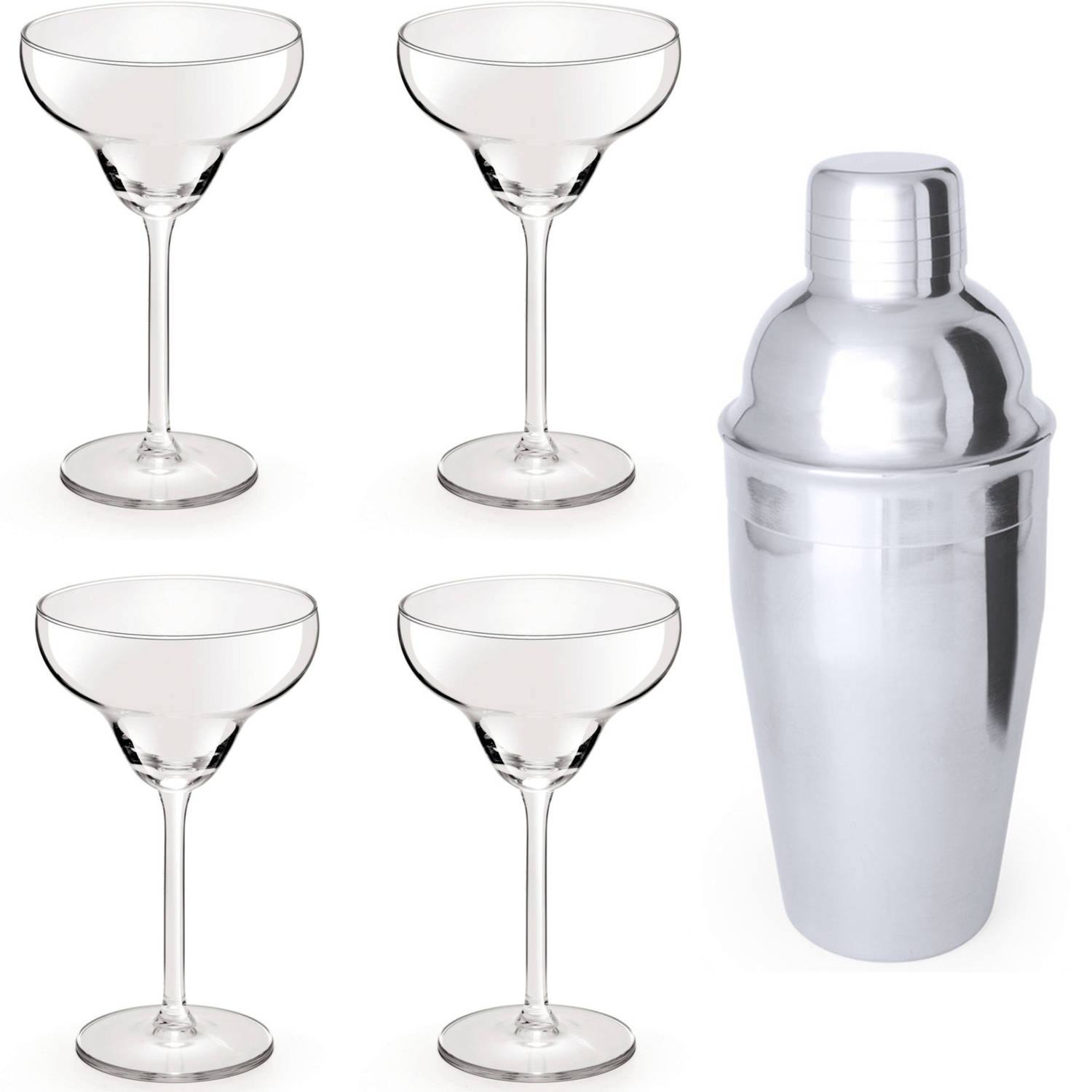 4x Cocktailglazen-Margarita Glazen Transparant 300 Ml + Cocktailshaker Semi-matte 550 Ml Rvs Cocktai