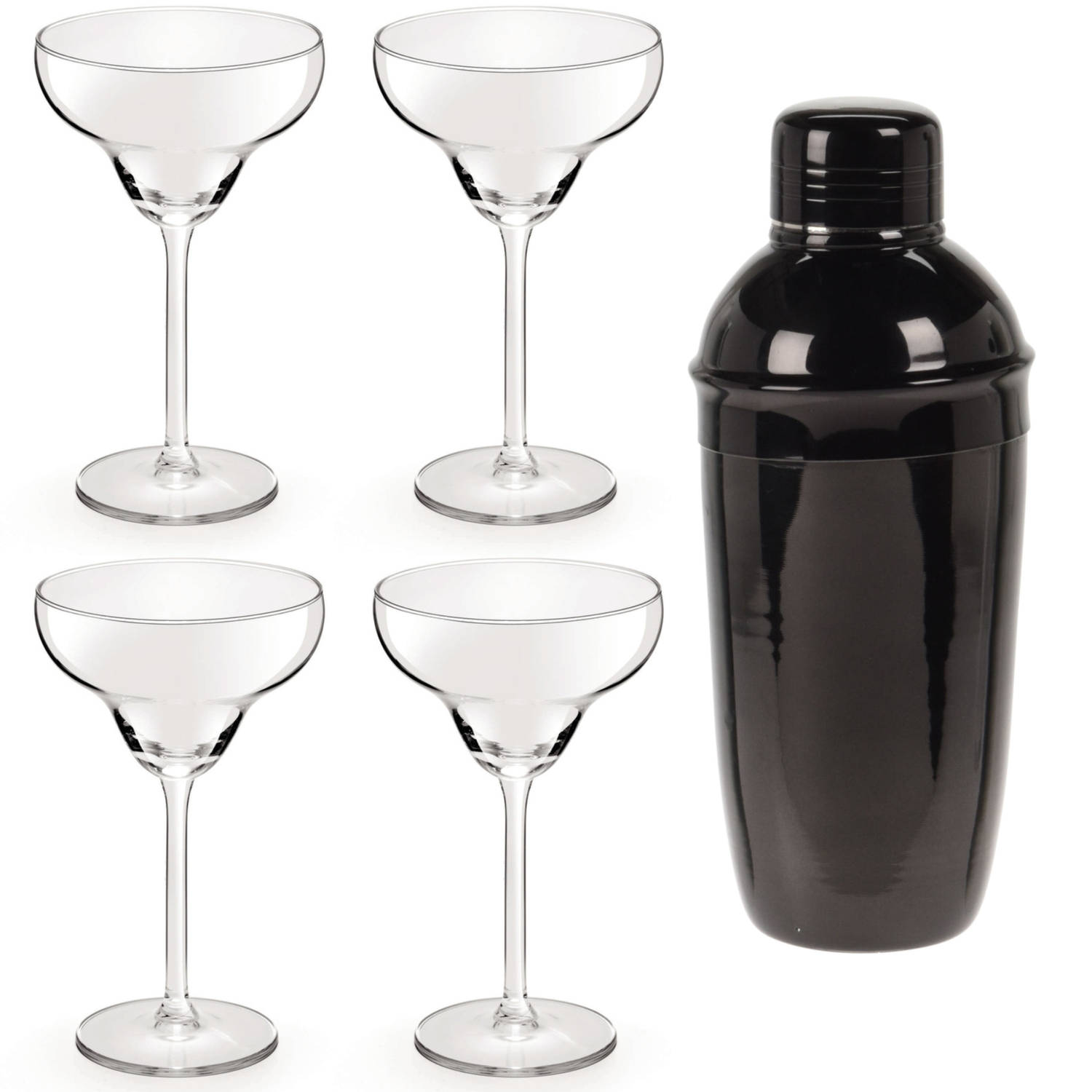 4x Cocktailglazen-Margarita Glazen Transparant 300 Ml + Cocktailshaker Zwart 500 Ml Rvs Cocktailglaz