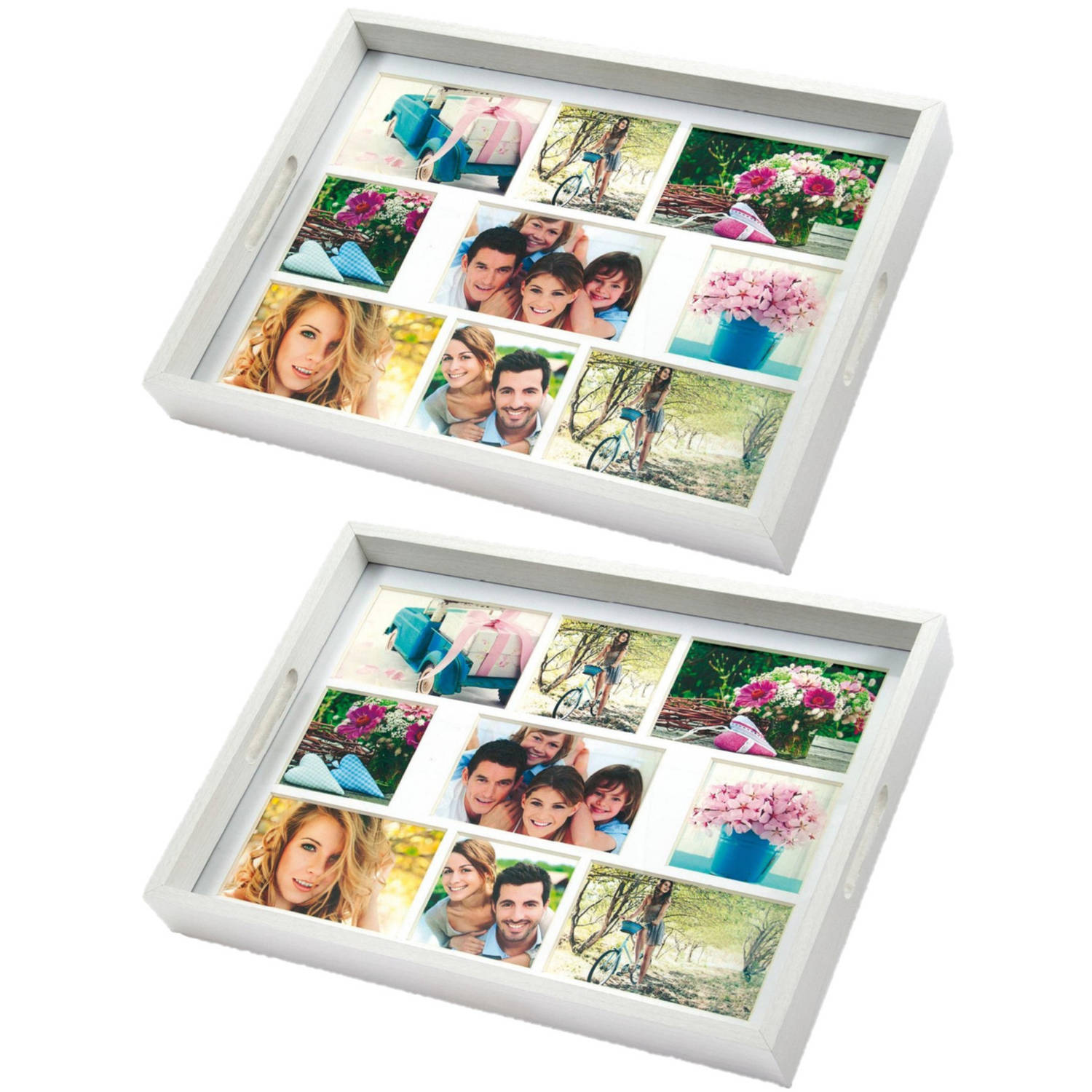2x stuks houten foto dienblad wit 45 x 35 cm met 9 foto in diverse maten - Dienbladen